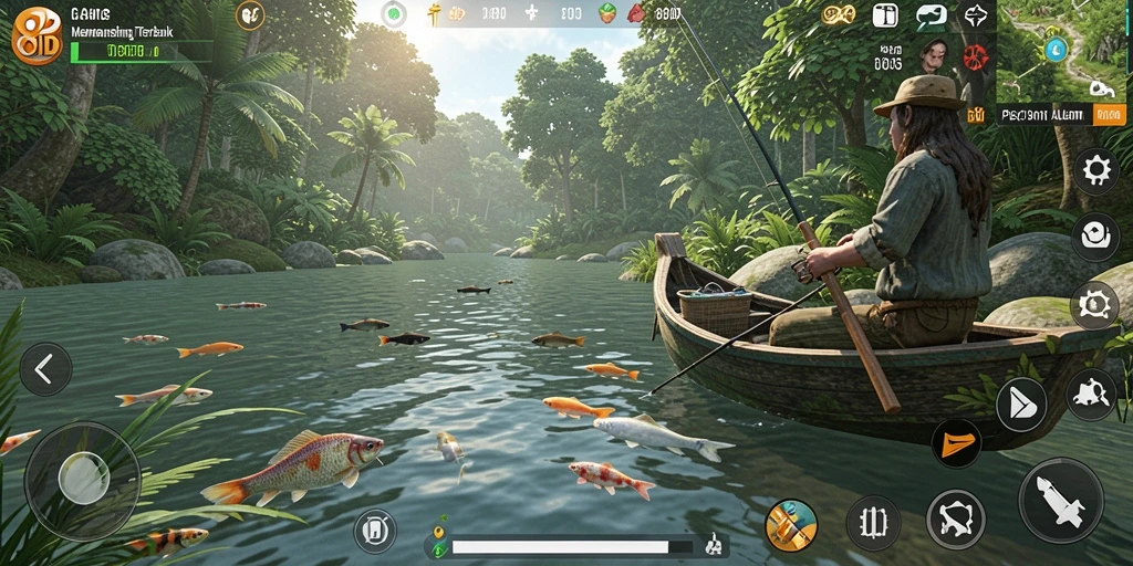 Screenshot 8ID menampilkan aksi memancing seru di danau yang indah.