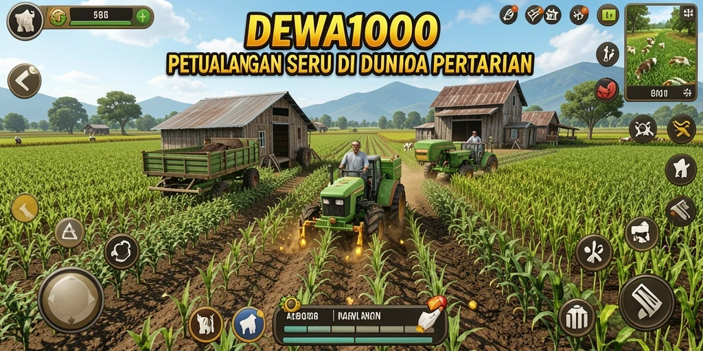 Screenshot DEWA1000 menampilkan aktivitas seru di pertanian.
