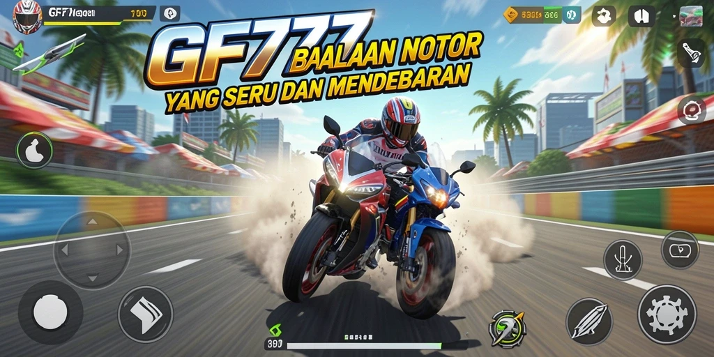 Screenshot utama GF777 menampilkan aksi balapan motor yang intens.