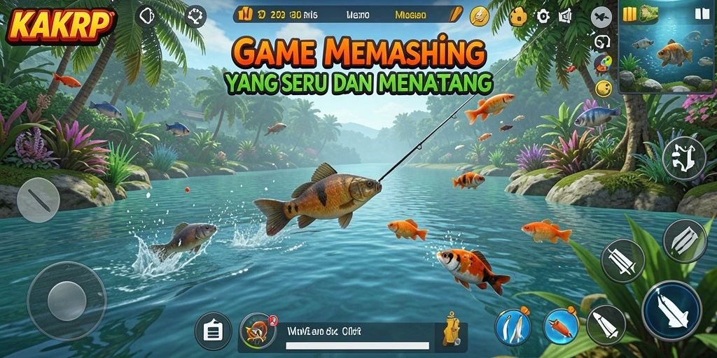 Tangkapan layar utama KAKRP menampilkan aksi memancing seru di alam yang indah.