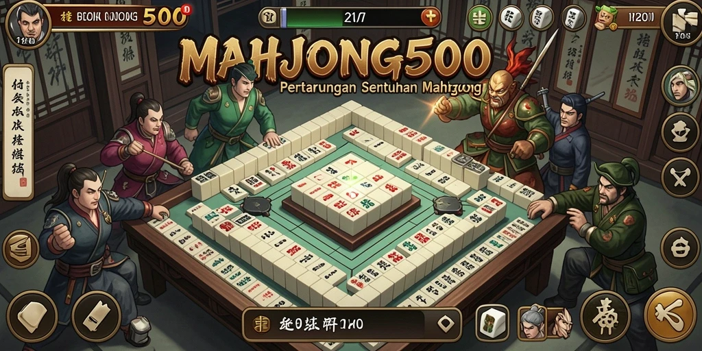 Tangkapan layar gameplay <strong>MAHJONG500</strong> menampilkan pertarungan seru antar karakter.