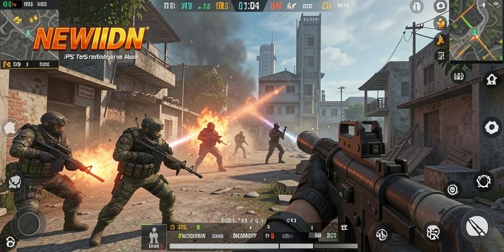 Tangkapan layar gameplay <strong>NEWIDN</strong> menunjukkan aksi tembak-menembak yang mendebarkan.