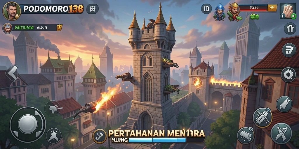 Screenshot utama game PODOMORO138 menampilkan aksi mendebarkan Tower Defense.