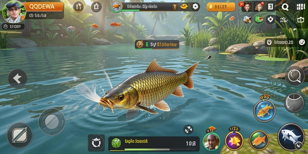 Screenshot gameplay QQDEWA menampilkan aksi memancing yang menegangkan.