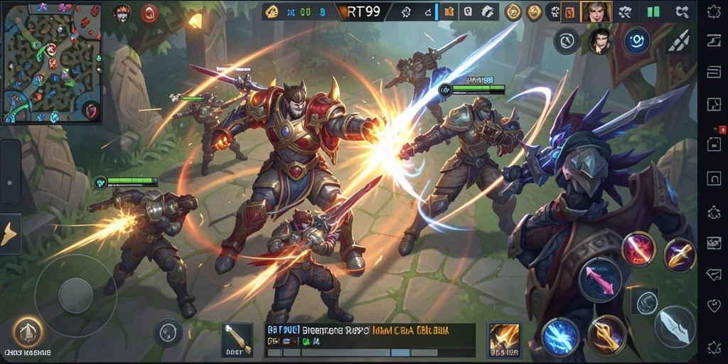 Screenshot gameplay menampilkan aksi intens dalam pertarungan MOBA.