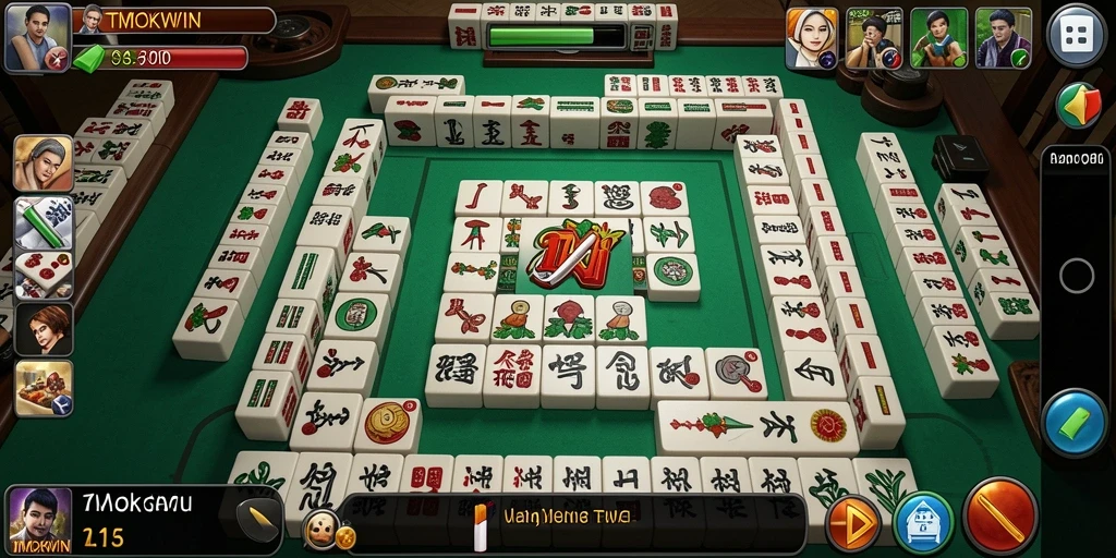 Screenshot dari gameplay TMOKWIN yang menampilkan ubin Mahjong dan antarmuka yang menarik.